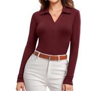 DittyandVibe Women's Long Sleeve Collared Polo Shirts Ribbed Knit Slim Fitted V Neck Work Tops, Burgundy, M