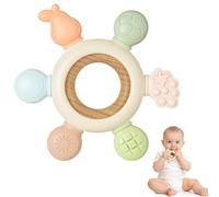 DiULi Baby Teething Toys - Hexagon Fruit Shape, Soft Silicone & Wooden Ring Teether for Babies 0-12 Months, 6 Fruit Teething Pads for Gum Massage, Easy to Grasp Infant Chew Toy