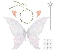DiULi Fairy Wings, Kids Butterfly Wings Cape Fairy Angel Princess Costume Fairies Wing Set With Wands Crown Ears Fairies Flower Headband Diamond Sticker for Halloween Birthday Chrismas Part(White)