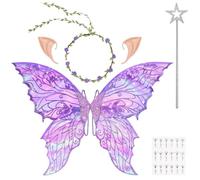 DiULi Fairy Wings, Kids Butterfly Wings Cape Fairy Angel Princess Costume Fairies Wing Set With Wands Crown Ears Fairies Flower Headband Diamond Sticker for Halloween Birthday Chrismas Part(Purple)