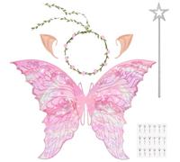 DiULi Fairy Wings, Kids Butterfly Wings Cape Fairy Angel Princess Costume Fairies Wing Set With Wands Crown Ears Fairies Flower Headband Diamond Sticker for Halloween Birthday Chrismas Part(Pink)