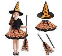 DiULi Halloween Witch Tutu Outfit Set with Pointed Witch's Hat Witches Broom,Halloween Fancy Dress Costume,Wicked Witch Girl Costume for Girls Cosplay,Halloween Carnival Trick or Treat,Orange