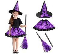 DiULi Halloween Witch Tutu Outfit Set with Pointed Witch's Hat Witches Broom,Halloween Fancy Dress Costume,Wicked Witch Girl Costume for Girls Cosplay,Halloween Carnival Trick or Treat,Purple