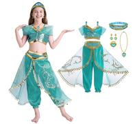 DiULi Jasmine Costume,Girls Princess Costume,Green Princess Costume with Ring Earrings Necklace, Children Princess Costume for Girls, Suitable for Birthday Party Role Play Halloween Christmas