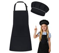 DiULi Kids Apron and Chef Hat Set, Adjustable Neck Strap & Double Pocket, Black Cooking Aprons for Children Cooking Baking and Art Activities, Sizes S