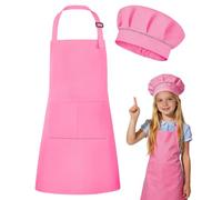 DiULi Kids Apron and Chef Hat Set, Adjustable Neck Strap & Double Pocket, Pink Cooking Aprons for Children Cooking Baking and Art Activities, Sizes S