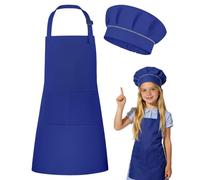 DiULi Kids Apron and Chef Hat Set, Adjustable Neck Strap & Double Pocket, Royal Blue Cooking Aprons for Children Cooking Baking and Art Activities, Sizes L