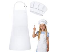 DiULi Kids Apron and Chef Hat Set, Adjustable Neck Strap & Double Pocket, White Cooking Aprons for Children Cooking Baking and Art Activities, Sizes S