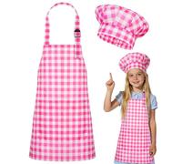 DiULi Kids Apron and Chef Hat Set in Pink Gingham, Adjustable Neck Strap & Double Pocket, Classic Check Pattern Cooking Aprons for Children Baking and Art Activities