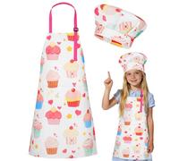DiULi Kids Apron and Chef Hat Set with Cake Print, Adjustable Neck Strap & Double Pocket, Cartoon Pattern Cooking Aprons for Children Baking and Art Activities, Size L