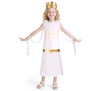 DiULi Novelty White Gold Girls Grecian Costume Set, Ancient Fancy Dress Childrens Greek Goddess Costume Kids Roman Sleeveless Costumes with Browband Wristband for World Book Day Halloween(120)