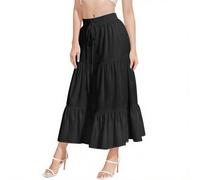 DiULi Women Skirts, Summer Long Skirts for Women, 2 in 1 Vintage Maxi Skirt with Drawstring, Elastic High Waist Maxi Skirt, Ruffle A Line for Beach Daily Travel Vacation, XL - Black