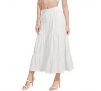 DiULi Women Skirts White, Summer Long Skirts for Women, 2 in 1 Vintage Maxi Skirt with Drawstring, Elastic High Waist Maxi Skirt, Ruffle A Line for Beach Daily Travel Vacation, XL