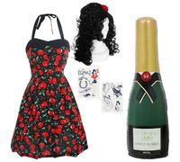 Diva Fancy Dress Set - Small/Medium - Cherry Halter Dress, Curly Wig, Inflatable Champagne Bottle & Temporary Tattoos - 2000s Costume for Hen Nights & Parties
