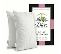 Diva Home & Textile Stripe Pillows 2 Pack Hotel Quality Bed Pillow Hypoallergenic Hollowfibre Bounce Back Support for Side & Back Sleepers UK Standard White