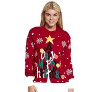 Divadames Womens Christmas Tree Jumper Girls A Very Merry Christmas Jumper Ladies Xmas Pom Pom Jumper Sizes UK 10 - UK 16 (14, Red)