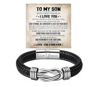 DivaGlamz To My Son Infinity Knot Bracelet From Mom, Forever Linked Together Stainless Steel Braided Leather Inspirational Bracelets Engraved Love You Forever Birthday Gift Jewelry, 19cm, Stainless