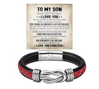 DivaGlamz To My Son Infinity Knot Bracelet From Mom, Forever Linked Together Stainless Steel Braided Leather Inspirational Bracelets Engraved Love You Forever Birthday Gift Jewelry, 21cm, Stainless