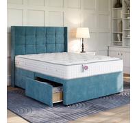 Divan Base Direct Plush Teal Platform Top Divan Bed Base 5Ft King Size With 4 Drawers + Sicily Strutted Headboard