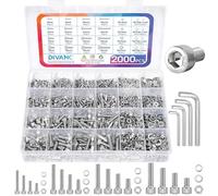 DIVANC Metric Screw Assortment, 2000PCS Metric Bolt Assortment Kit M2 M3 M4 M5 Machine Screws with Lock & Flat Washers, 304 Stainless Steel Hex Socket Head Cap Screws Nuts and Bolts Kit (Silver)