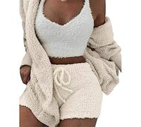 DIVAND Women's Winter Plush Home Wear Casual 3 Piece Pajamas Long Sleeved Fluffy Hooded Jacket with Open Front Coat & Shorts & Vest Suit Fashion Keep Warm Clothes,White,S