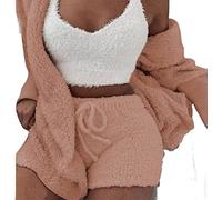 DIVAND Women's Winter Plush Home Wear Casual 3 Piece Pajamas Long Sleeved Fluffy Hooded Jacket with Open Front Coat & Shorts & Vest Suit Fashion Keep Warm Clothes,Orange,L