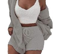 DIVAND Women's Winter Plush Home Wear Casual 3 Piece Pajamas Long Sleeved Fluffy Hooded Jacket with Open Front Coat & Shorts & Vest Suit Fashion Keep Warm Clothes,Gray,S