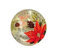 DIVAS SPIRITUAL 15 cm Crackled Glass Novelty Christmas LED Light Ball Ornament, Robin or Poinsettia, Festive Tabletop Holiday Decoration (15 Cms, Poinsettia)