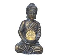 DIVAS SPIRITUAL Outdoor Solar Buddha Ornament with Crackle Glass LED Light Ball, Cement Stone Effect Garden Statue, Weather Resistant Patio Decor Sculpture, 28 cm Height