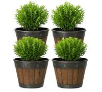 Divas World 4pcs Cask Planters Set 20cm Chestnut Fusion Round Flower Pots Decorative Whiskey Barrel Style Plastic Plant Containers for Indoor Outdoor Garden Patio Balcony Lightweight Rustic Look