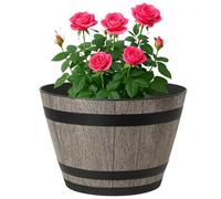 Divas World Barrel Style Garden Planter Tub 36cm Faux Wood Effect Round Plant Pot with Black Bands Lightweight Plastic 18.35L Capacity Weather Resistant for Outdoor Patio Flowers Shrubs Herbs (1)