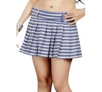 Divas World Blue Stripe Pleated Mini Skirt for Women - Cotton Side Elastic Waist Casual School Girl Inspired Skater Skirt, A-Line Short Party & Daily Wear Outfit (XL(UK 18-20))