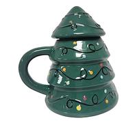 Divas World Ceramic Christmas Mugs Gingerbread House & Gingerbread Man and Gnome Shaped Mugs with Lids Handle Festive Coffee & Cookie Jars Cute Aesthetic Microwave Safe (Xmas Tree Shape with Lid)
