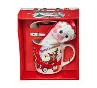 Divas World Christmas Ceramic Mug Set in Red Cylindrical Box 4 Assorted Styles with Mug Saucer Spoon & Marshmallow with 300ml Merry Christmas Printed (One Size, Style 4 (HK2174B))