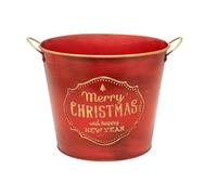 Divas World Christmas Tin Planter Pot - Decorative Red Metal Bucket with Handles - Rustic “Merry Christmas” Design for Holiday Plants & Festive Décor