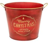 Divas World Christmas Tin Planter Pot - Decorative Red Metal Bucket with Handles - Rustic “Merry Christmas” Design for Holiday Plants & Festive Décor (1)