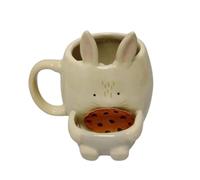 Divas World Cute Bunny Ceramic Mug - Novelty Animal Design Coffee & Tea Cup with Cookie Holder - Beige - 12×12×12 cm