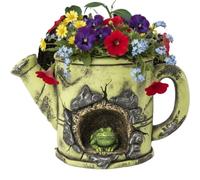 Divas World Decorative Cement Teapot Planter with Frog Design, 22.4cm Garden Plant Pot with Drainage Hole, Novelty Outdoor Indoor Flower Pot (1)