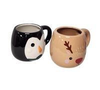 Divas World Festive Character Stoneware Mug Set Reindeer & Penguin Design Ceramic Cups for Hot Drinks Tea Coffee Decorative Holiday Tableware Kitchen Drinkware