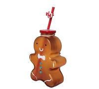 Divas World Gingerbread Man Glass Cup with Red Lid & Straw Reusable Festive Shaped Jar for Cold Drinks Decorative Holiday Drinkware Cute Seasonal Table Accessory (1)