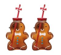 Divas World Gingerbread Man Glass Cup with Red Lid & Straw Reusable Festive Shaped Jar for Cold Drinks Decorative Holiday Drinkware Cute Seasonal Table Accessory (2)