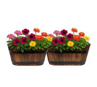 Divas World Oval Wooden Planter 32cm Burnt Wood Effect Garden Container Rustic Barrel Style Flower Herb Pot with Metal Banding for Outdoor Patio Balcony Use - With Drainage Hole (2, 32 cms (WOODAI))