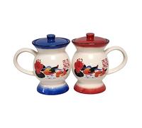 Divas World Vintage Ceramic Mug with Lid Sculpted Spittoon Design Coffee Tea Mug Drinks Cup with Handle Available in Blue and Red with Lidded & Handle Water Cup (Pack of 2 (Both), One Size)