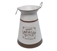 Divas World White Metal Milk Jug Planter Tin Vase with Rustic Handles Locally Grown Print Decorative Farmhouse Style Urn Garden Pot Indoor Outdoor Use 24.2cm x 17.4cm