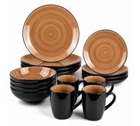 DIVCHI 16 Piece Ceramic Dinnerware Set for 4 People Tableware (Light Brown) | Handpainted Swirl Design Dinner Plates, Side Plates, Bowls and Cups with Smooth Glaze Dinner Set