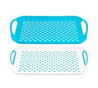 DIVCHI 2x Set of Anti-Slip Rectangular Non-Slip Top and Bottom Plastic Dinner/Drinks Serving Tray with High Grip Rubber Surface, Easy Grip Handles (Blue,White,Trays)