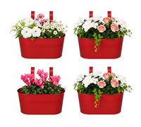 DIVCHI 4PCS Heavy Duty Metal Hanging Plant Pots 30cm Fence Railing Planters with Detachable Hooks Balcony & Garden Flowerpots with Drainage Hole Outdoor & Indoor Décor Planters (Red)