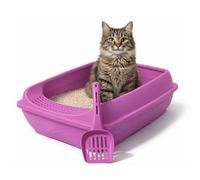 DIVCHI Cat Litter Tray with Scoop Spacious Open Design Litter Box with Removable Rim for Indoor and Odour Cats, Non Stick Plastic Catsan Surface Easy to Clean Toilet Box (Purple)