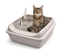 DIVCHI Cat Litter Tray with Scoop Spacious Open Design Litter Box with Removable Rim for Indoor and Odour Cats, Non Stick Plastic Catsan Surface Easy to Clean Toilet Box (Off White)