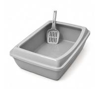 DIVCHI Cat Litter Tray with Scoop Spacious Open Design Litter Box with Removable Rim for Indoor and Odour Cats, Non Stick Plastic Catsan Surface Easy to Clean Toilet Box (Grey)